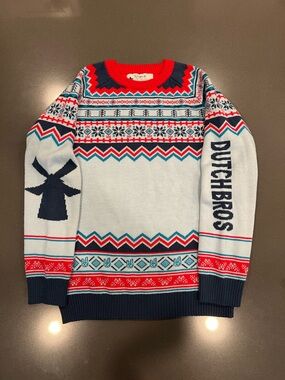 Dutch Bros Light Blue Fair Isle Crewneck Sweater with Red and Navy
